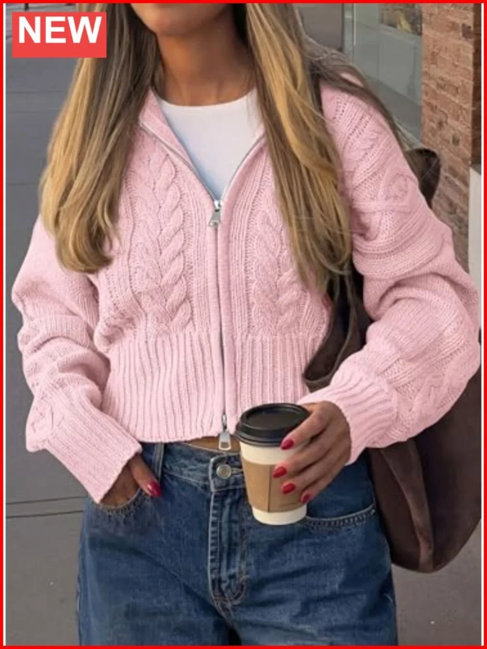 Cable Knit Cropped Cardigan Zip Up Sweater Long Sleeve